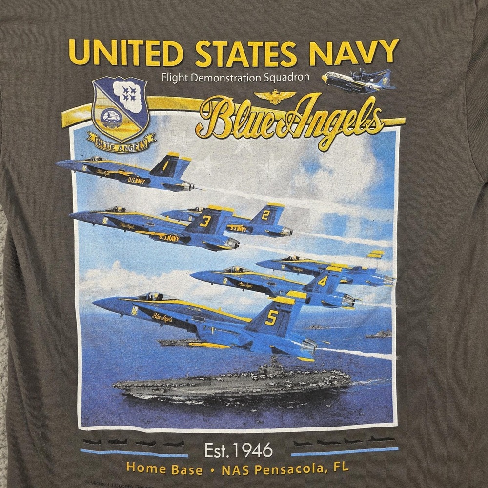 Blue Angels Shirt Mens Small Gray United States Navy Flight Graphic Tee Gildan
